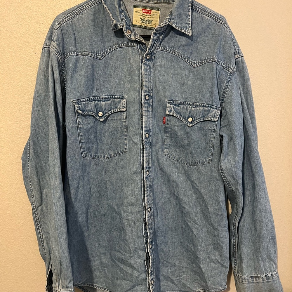 Vintage Levis Shirt Mens L Blue Denim Long Sleeve Metal Button Western